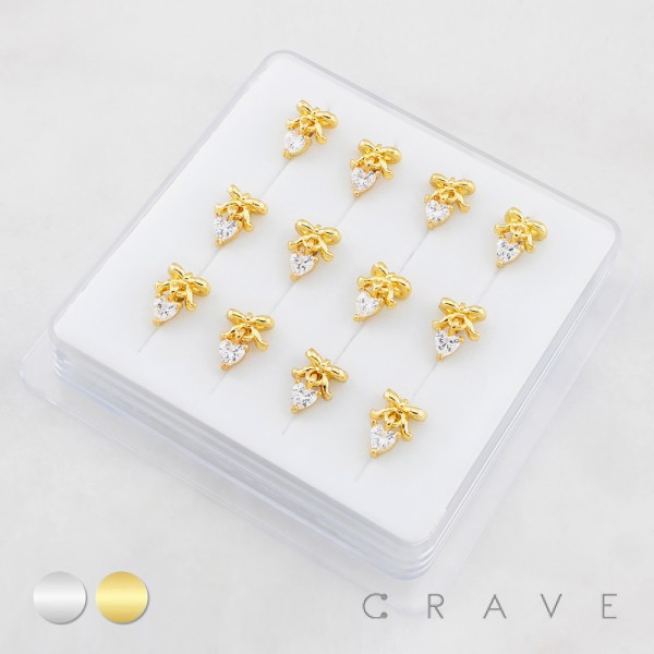 RIBBON DANGLE HEART WITH BEZEL CZ 316L SURGICAL STEEL L-SHAPE NOSE RING BOX